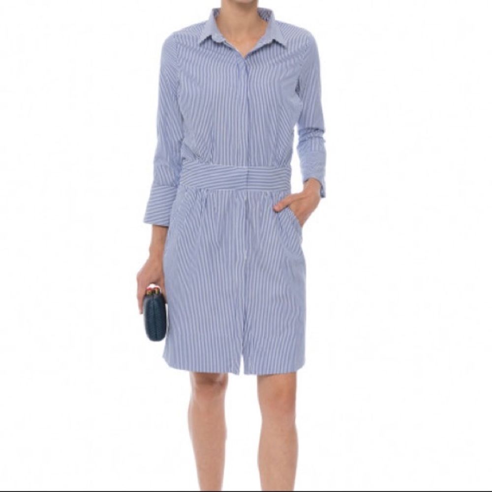 GRETCHEN SCOTT Breezy Blouson Navy and White Striped Shirt Dress Size XL